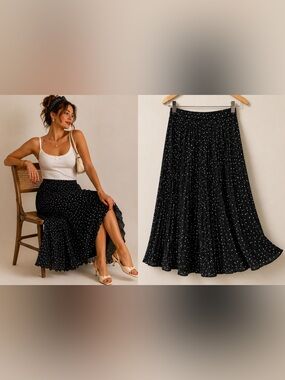 Beams Heart Polka Dot Pleated Midi Skirt Black French Girl Coquette Size M